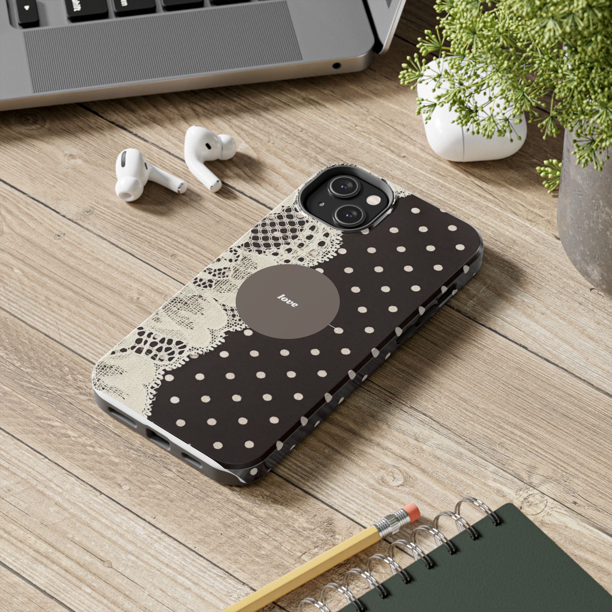 Vintage Lace Polka Dot Tough Phone Case — "love" Accent