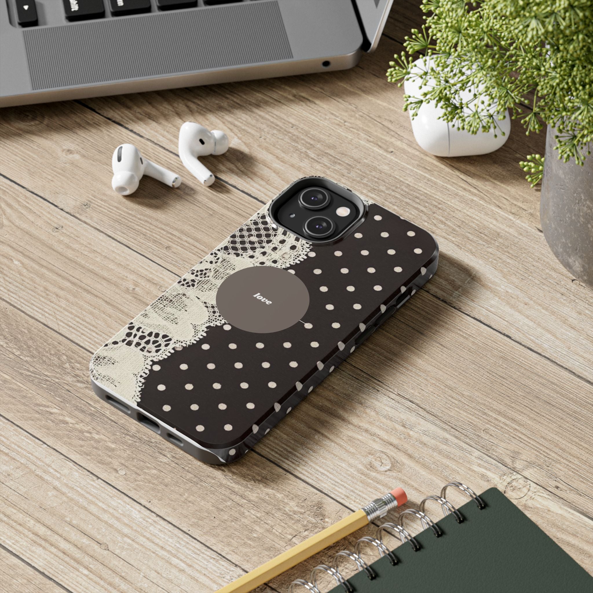 Vintage Lace Polka Dot Tough Phone Case — "love" Accent