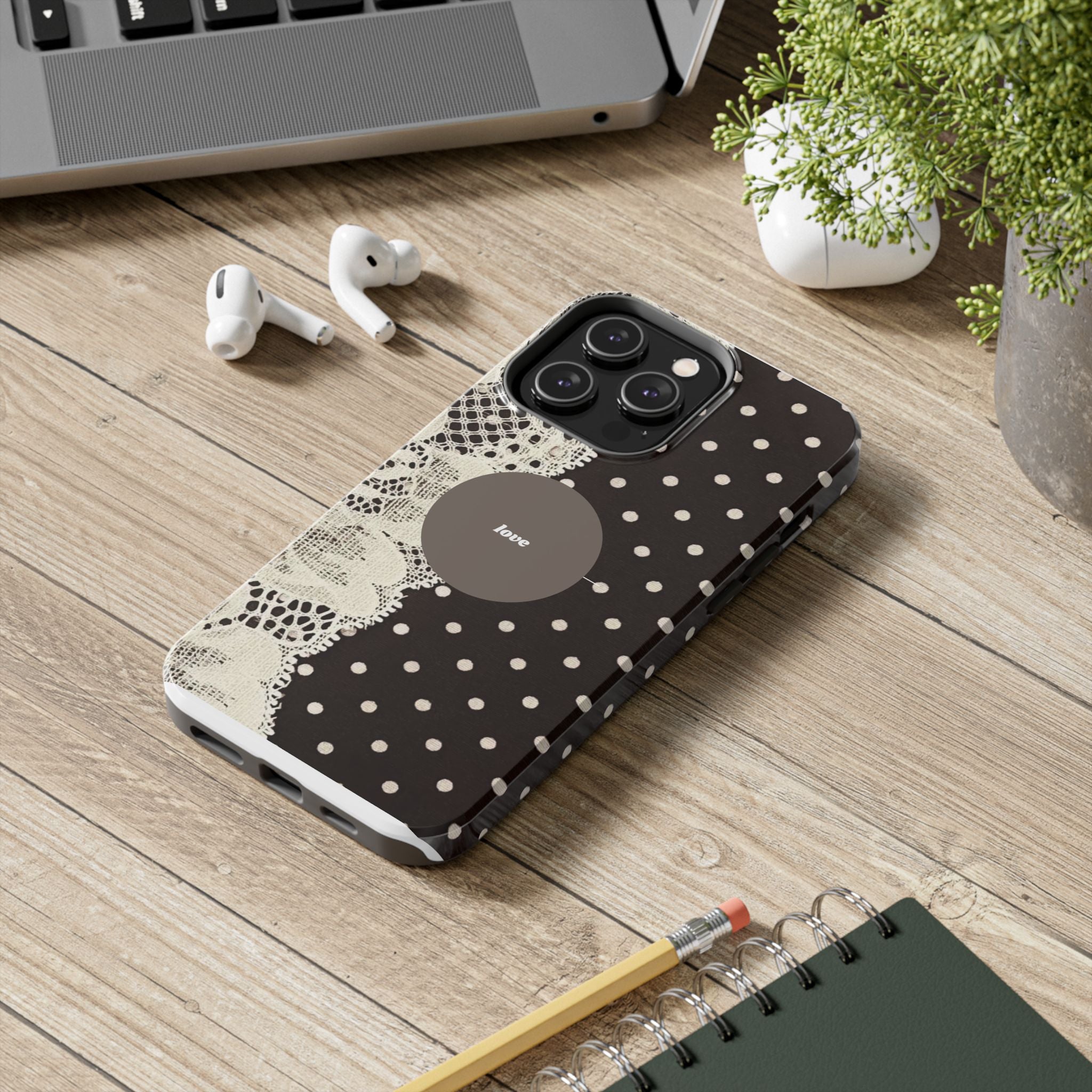 Vintage Lace Polka Dot Tough Phone Case — "love" Accent